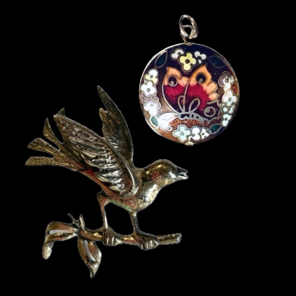 Vintage 2” Antiqued Silver Tone Bird Brooch & Enamel Cloisonné Butterfly…